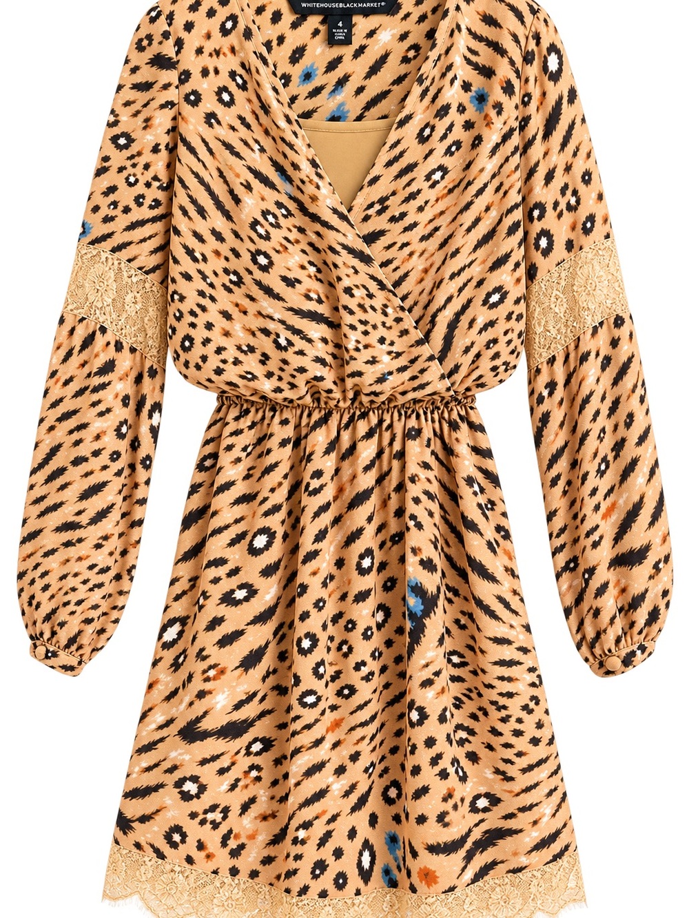 White House Black Market Tan and Black Animal-Print Lace-Trim Mini Dress